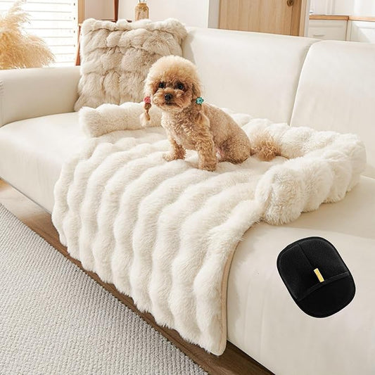 Luxurious Cozy Dog Couch Bed, Washable Removable Calming Pet Sofa Cover, Fluffy Plush Dog Mat for Furniture Protector and Car (White)