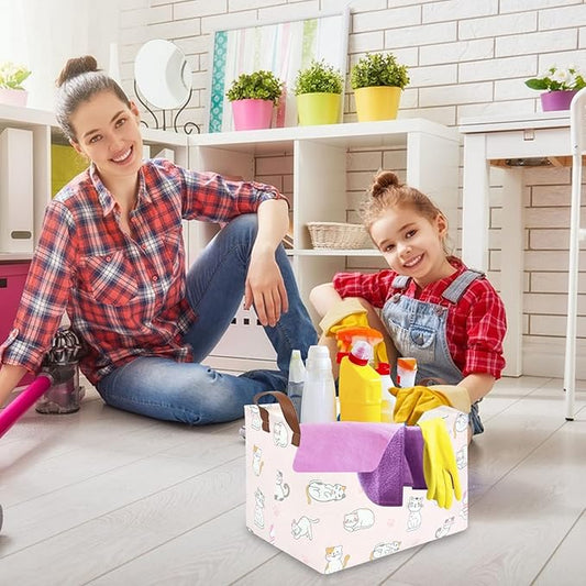 FXOLCSHE Rectangular Pink Cat Baskets,Cute Kids Toy Storage Basket Bin,Pink Gift Organizer,Toys Box,Toy Organizer,Baby Nursery,Empty Rectangular Cat Room Decor(Pink Cats)