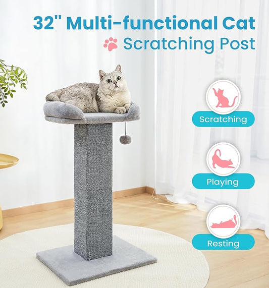 Made4Pets Cat Scratching Post with Bed, 32'' Modern Cat Scratcher with Top Plush Cat Bed, Tall Cat Scratch Post for Indoor Cats, Heavy-Duty Carpet Scratching Post with Hanging Ball Toy, Grey