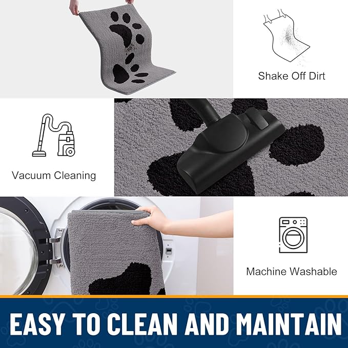 Smiry Dog Door Mat for Muddy Paws, Absorbs Moisture and Dirt, Low-Profile Entryway Mat with Non-Slip Backing, Entry Indoor Outdoor Doormat for Inside Floor (59x35 Inches, Grey, Paw)