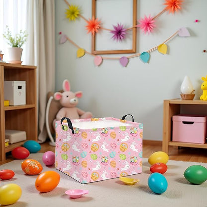 Rectangular Easter Basket for Home Kitchen Baby Girls Basket Cute Storage Bin Organizer Shelf Book Room Decor(Pink Bunny Egg)