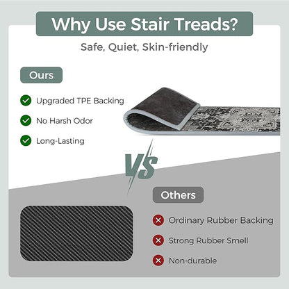 Non Slip Stair Treads for Wooden Steps 15PCS - 8"x30" Indoor Safety Carpet, Edging Mats with TPE Adhesive Backing, Pet and Elderly Friendly Stair Rugs (Black&Olive)