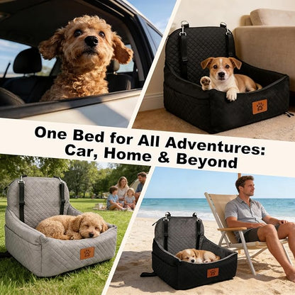 Small Dog Car Seat for Small Dogs Under 30 lbs, Memory Foam Pet Car Seat with Washable Cover, Safety Belts & Side Storage Pockets, Portable Travel Bed for SUV/Sedan (Black/Brown)