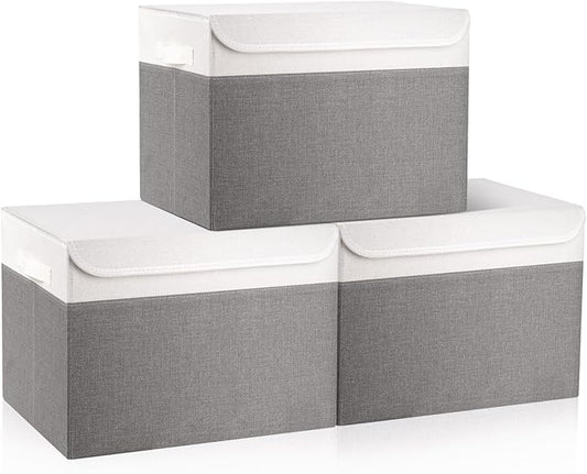 Large 17" 42 Quarts Collapsible Stackable Storage Bins with Lids [3-Pack] Foldable Fabric Linen Storage Boxes Cube, Closet Organizer Baskets with Label (16.7 x 12 x 12, Gray & White)