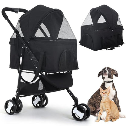 3 Wheel Pet Stroller Cat Dog Strollers for Small Medium Dogs 3-in-1 Detachable Travel Carrier Pet Gear Stroller Wagons for Dogs Trolley for Cat Doggie Rabbit Doggy Puppy, Black