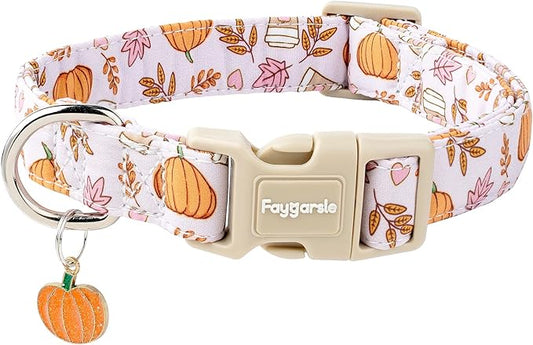 Faygarsle Fall Pumpkin and Leaves Pattern Dog Collar with Charm, Adjustable Pet Neckwear, Pink and Orange for Small Medium Large Dogs XS
