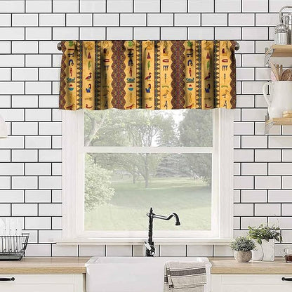 Vintage Ancient Egypt Curtains Valance, Retro Old Egyptian Hieroglyphics Floral Geometric Mysterious Egypt Culture Window Valance Curtain for Farmhouse Bedroom Living Room Kitchen 54x18inch