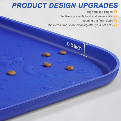 Silicone Pet Feeding Mat with Raised Edge for Food and Water, Dog Bowl Mats, Cat Bowls Placemat with High Lip for Floor Waterproof, Rubber Tray for Cats and Dogs 22 x 14 x0.8 Navy Blue