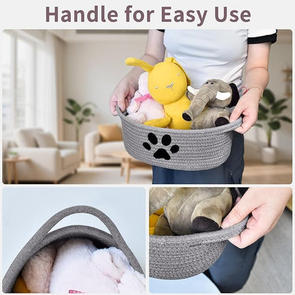 ABenkle Small Woven Basket with Handle, Cute Dog Paw Baskets for Gifts Empty, Decorative Rope Woven Storage Dog Toy Basket, Nursery Baskets for Baby Shower, 12" x 8" x 5"