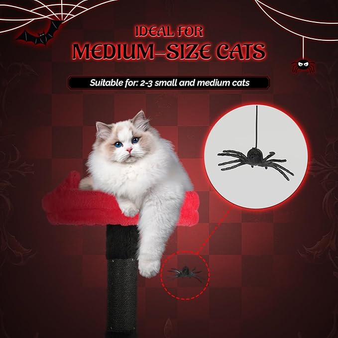 VINGLI 53.2in Gothic Cat Tower with Padded Perch & Spacious Condo, Large Cat Tree with Soft Hammock, Scratching Posts, Hanging Spider Toy, Red & Black Indoor Cat Furniture for Multiple Cats