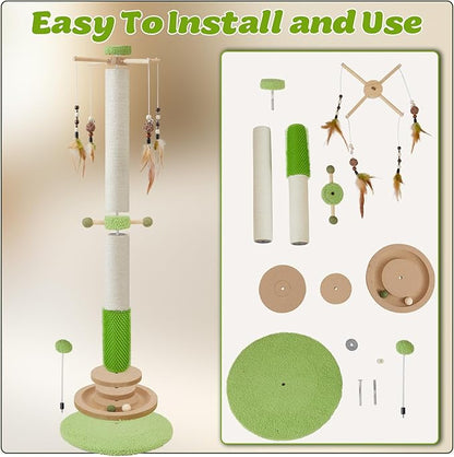 Cat Scratching Post, 38 Inch Tall Scratching Posts for Indoor Cats Adults and Kittens, Sisal Cat Scratch Post with Rotatable Hanging Toys, Rubber Brush, Mint Balls and Interactive Wooden Ball Track