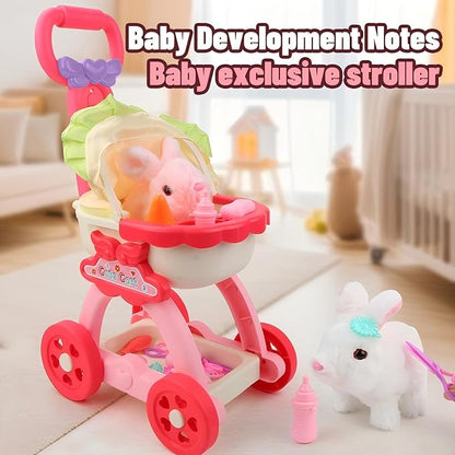Bunny Toys for Kids Girls, Lager Size Interactive Plush Rabbit Pet Stroller Toy, Electronic Bunny Can Walk Bark, Pretend Play Baby Doll Stroller, Pet Toy Stroller（7.67 * 11.11 * 20.07inch）