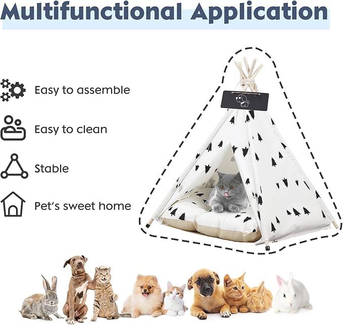 Luxury Pet Teepee Tent for Dogs, Cats & Rabbits Washable Pet House with Removable Cushion & Interactive Blackboard for Puppy Indoor Dog Cat Bed