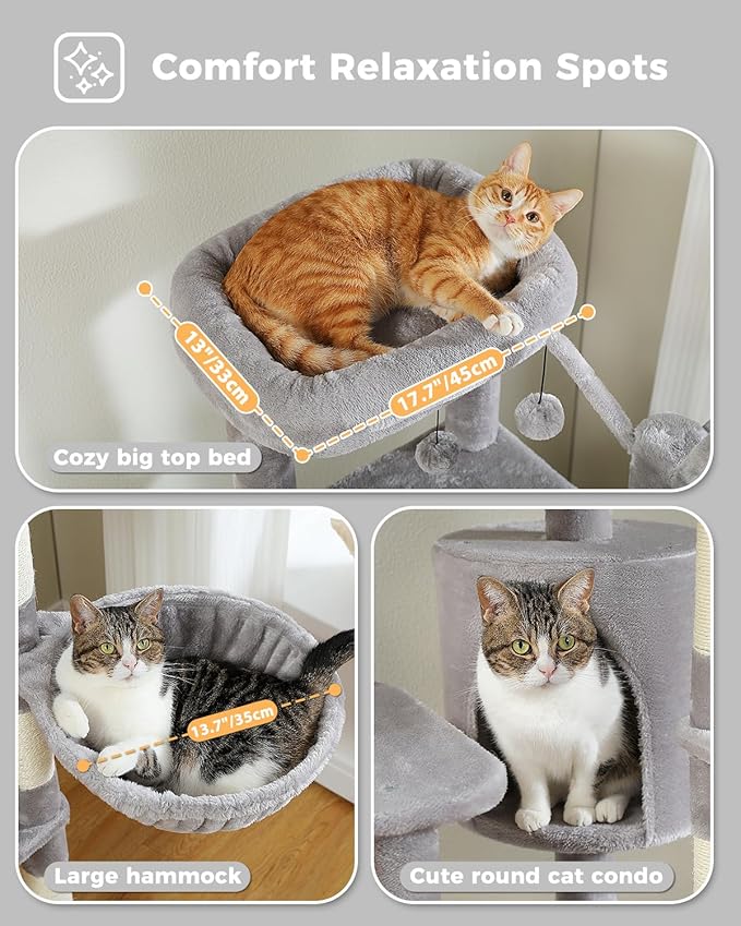 MUTTROS Cat Tree for Large Cats, 59-inch Tall Cat Tower with 3 Removable Pompom Sticks, Condo, Large Hammock, Scratching Post & 2 Perches, Grey