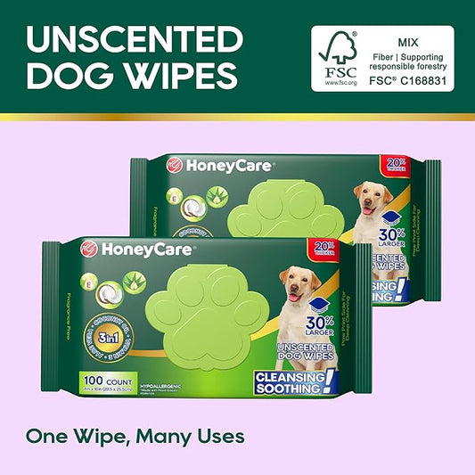HONEY CARE Disposable Pet Wipes for Dogs & Cats – Cleansing & Soothing, Fragrance-Free, 100 Wipes for Paws, Butt & Body Cleaning