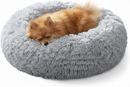 JOLLYVOGUE Calming Dog Bed for Small Dogs - 23 inches Donut Washable Small Dog Bed for Kittens & Puppies, Anti-Slip Round Fluffy Plush Faux Fur Cat Beds (Fits up to 25 lbs Pets, Grey)