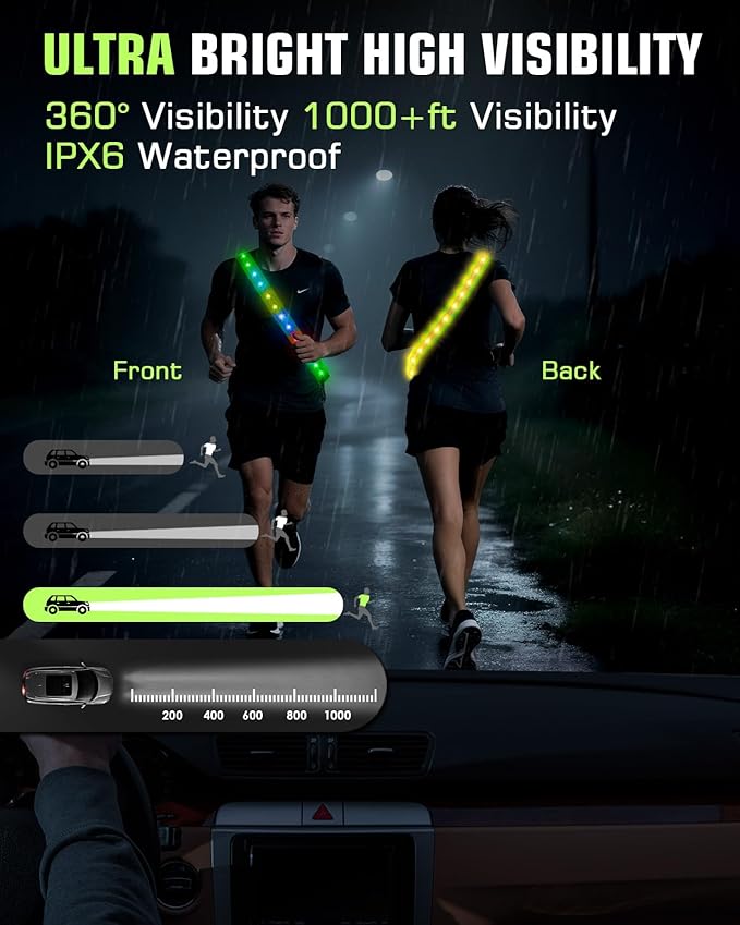Zacro LED Reflective Sash Light Up Vest for Night Walking with 5 Colors & 3 Light Modes, Rechargeable High Visibility Neon Safety Gear for Men Women Dog Walking