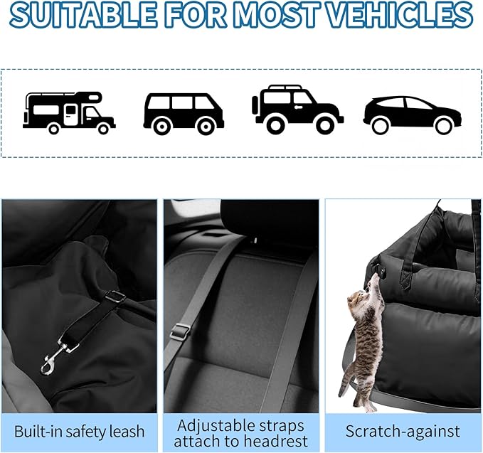 Garvee Dog Booster Car Seat, Waterproof PU Leather Upholstered Cat Bed for Car with Storage Pockets Portable Pet Seat, Bite-Resistant Pet Carrier Bag for Travel and Home, Black