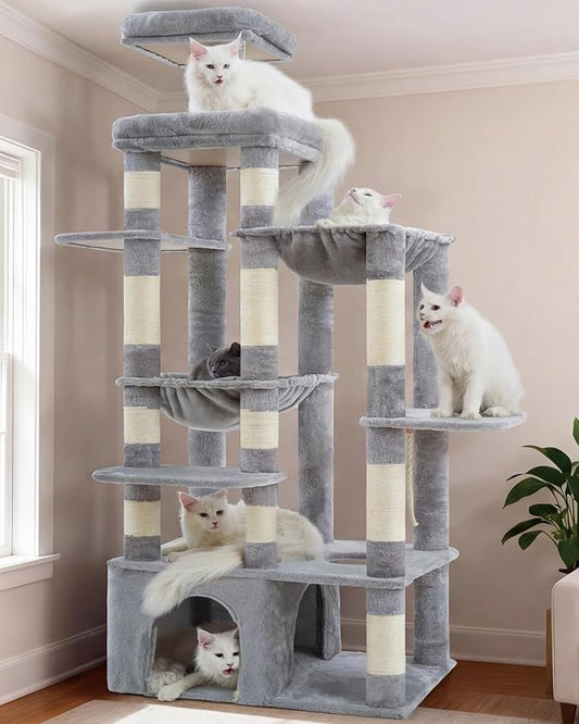 Heybly Cat Tree, 71-Inch Tall Cat Tower for Large Maine Coon Cats with Extra-Large Baseboard, Cat Condo Furniture with Multi-Level Platforms, 2 Hammocks and 12 Scratching Posts, Light Gray HCT037W