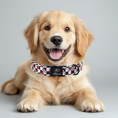 Valentines Dog Collar for Small Dogs - Unique Black White Plaid Girl Boy Valentine Heart Dog Collars, Adjustable Heavy Duty Pet Collar with Metal Buckle S