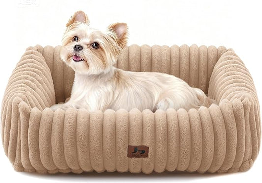 Washable Dog Bed for Small Medium Dogs - Rectangle Orthopedic Corduroy Fleece Pet Bed with Removable Cover and Nonskid Bottom, Calming Puppy Bed Soft Pet Sofa, Camel(20x19x6inchs)