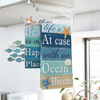 The Beach is My Happy Place Kitchen Dish Towels Set of 2, Coastal Ocean Starfish Shell Coral Drying Hand Towel Baking Cooking Cloth, Farmhouse Beach House Sea Home Decoration 18 x 26 Inches