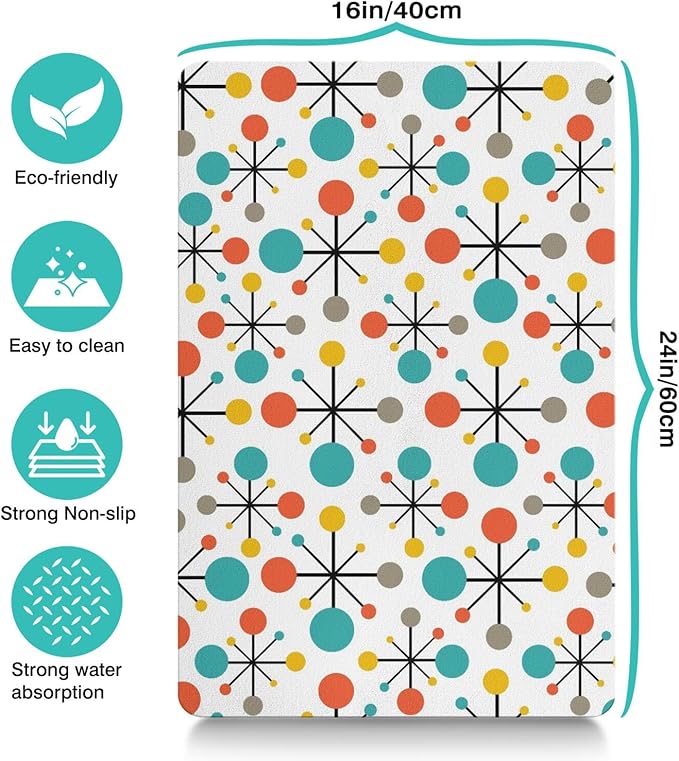Dog Food Mats for Floors Absorbent, Cat Food Mat - Pet Cat Feeding Mat Quick Dry, Dog Bowl Mats for Water, Pet Supplies Feeding Placemat 16" x 24" Mid-Century Atomic