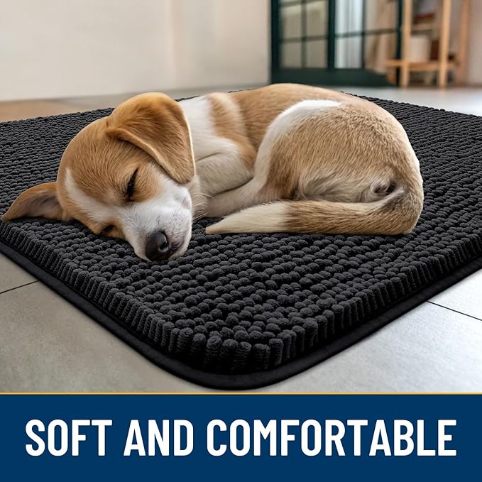 Smiry Dog Door Mat for Muddy Paws 47x20, Absorbs Moisture and Dirt Doormat, Non-Slip Washable Quick Dry Chenille Front Door Mat Indoor Entrance, Entryway Carpet for Inside Floor, Black
