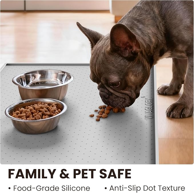 VIVAGLORY Dog Bowl Mat Grippymat Pet Food Mat, Waterproof Washable Nonslip Silicone for Pet & Cat, Food and Water Placemat with Lip & Raised Edges for Indoor Floor, L, Light Grey