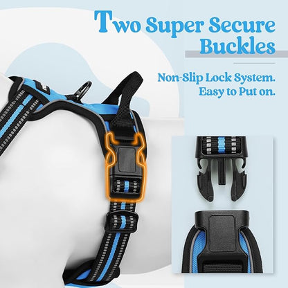 rabbitgoo Dog Harness No Pull with 2 Leash Clips, Adjustable Soft Padded, Reflective Oxford No Choke Pet Vest with Easy Control Handle for Large Dogs, Blue, XL