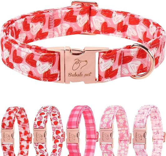 Valentines Dog Collar, Cute Pink Valentine Dog Collars, Doodle Heart Pattern, Adjustable Heavy Duty Pet Collar for Small Medium Large Dogs with Metal Buckle M