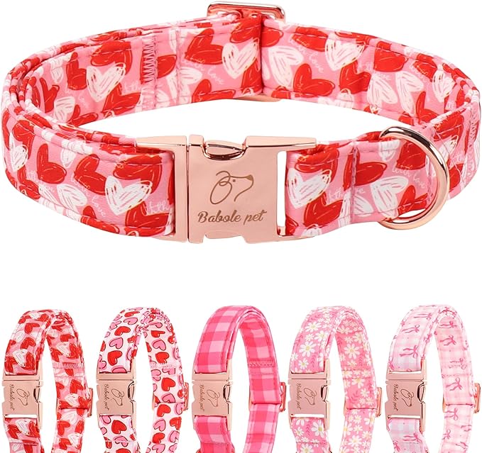 Valentines Dog Collar, Cute Pink Valentine Dog Collars, Doodle Heart Pattern, Adjustable Heavy Duty Pet Collar for Small Medium Large Dogs with Metal Buckle XL