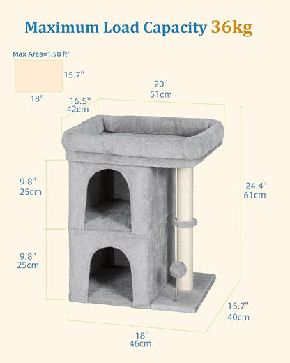 Aechonow 24in Cat Tree Tower with Scratching Post, 19 * 16.5in Window Perch Bed for Large Adult Cats, 2 Small Condo Cubbies for Indoor Kittens, Light Gray