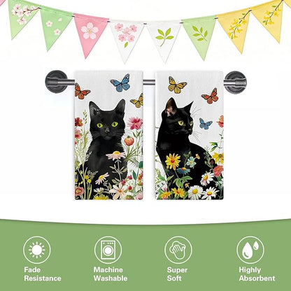 Spring Summer Black Cat Floral Kitchen Dish Towels Set of 2, Daisy Flower Butterfly Drying Hand Towel Baking Cooking Cloth, Wildflower Bathroom Home Decoration Pet Cat Owner Lover Gift 18''x26''