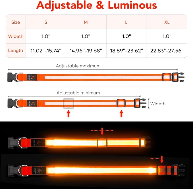 Vizpet LED Dog Collar, Light Up Dog Collar Adjustable USB Rechargeable Super Bright Safety Light Glowing Collars for Dogs(Medium,Orange)