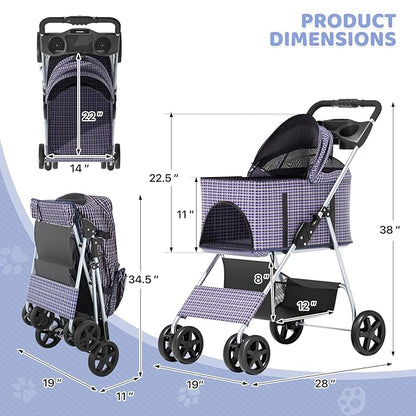 Magshion Foldable Pet Stroller, 3-in-1 Dog Travel Jogger with Detachable Carrier, Cup Holder, Storage Basket, Folding Carrier for Small/Medium Dogs & Cats Up to 33 lbs, Plaid
