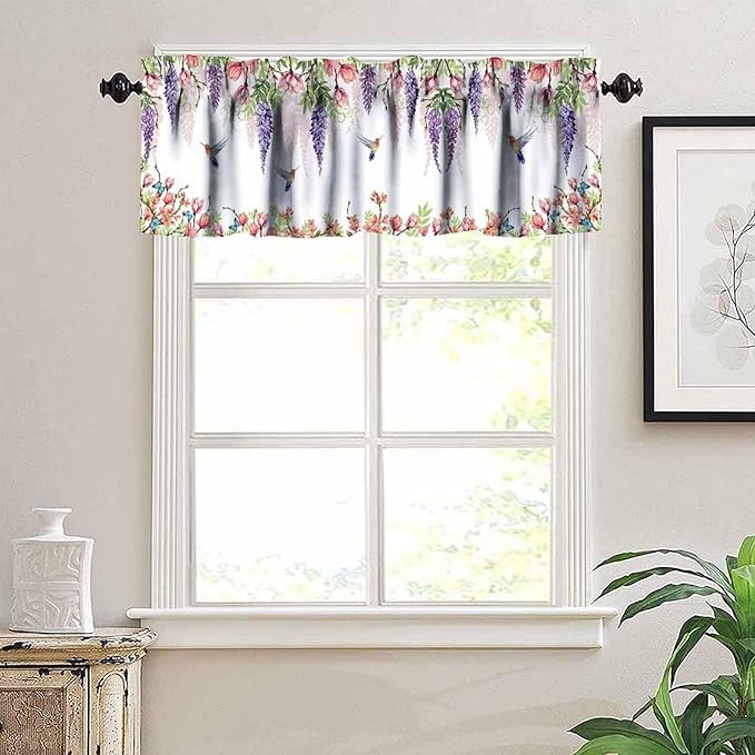Flower Hummingbird Window Valance Curtains, Boho Watercolor Spring Bird Butterfly Blooming Floral Plant Nature Valance Curtain for Farmhouse Bedroom Living Room Kitchen 54x18inch