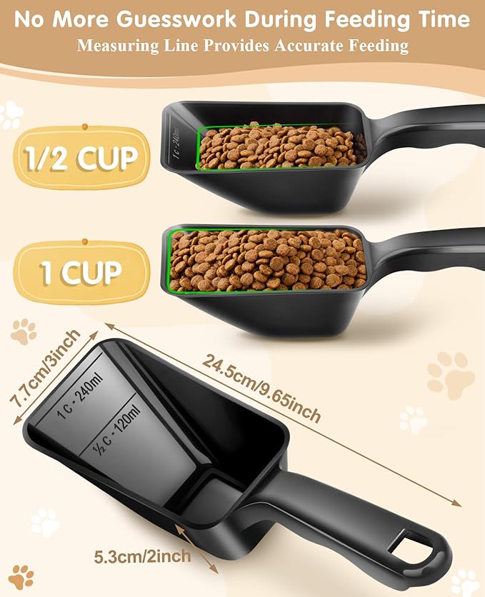 2-Pack Dog Food Scoop 1 Cup, Plastic Pet Food Measuring Scoop With Measuring Lines (1/2 & 1 Cup Markings) for Dogs, Cats, Fish, Bird（Black and Orange)