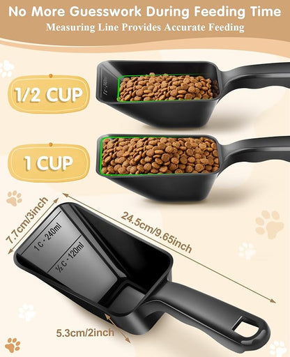 2-Pack Dog Food Scoop 1 Cup, Plastic Pet Food Measuring Scoop With Measuring Lines (1/2 & 1 Cup Markings) for Dogs, Cats, Fish, Bird（Black and Orange)