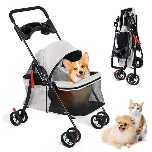 4 Wheels Pet Stroller for Medium Small Dog up to 50lbs, Dog Cat Stroller, Outdoor Travel Pet Folding Strollers, Cat Cage Strollers with Cup Holder, Breathable and Visible Mesh (1 Set-Grey)