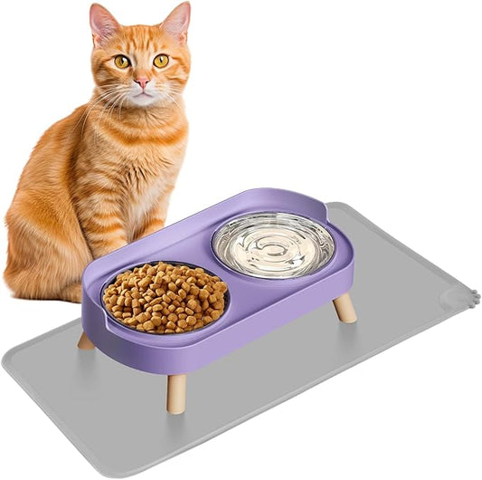 Elevated Cat Bowl with Food Mat, Raised Cat Food and Water Bowl Set for Indoor Cats, Splash Proof with 2 Stainless Steel Pet Food Bowls for Cat and Puppies,Whisker Fatigue and Dishwasher Safe (Purple)