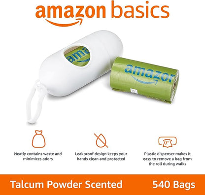 Amazon Basics Premium Leak Proof Dog Poop Bags with Dispenser and Leash Clip, Talcum Powder Scented, 13" x 9", 540 Count (36 Rolls of 15)