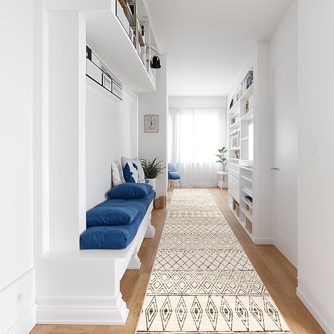 2'6"x12' Hallway Runner Rug Moroccan - Machine Washable Runner Rugs Low Pile Rug with Rubber Backing Soft Long Floor Mat Non Slip Vintage Indoor Carpet for Bedroom Entryway 2'6"x12' Geo Beige
