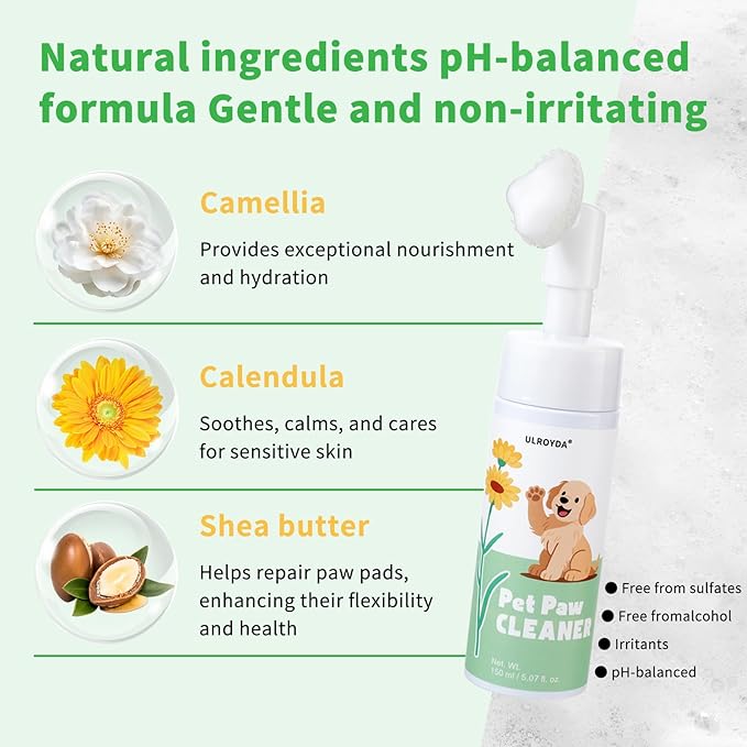 No-Rinse Dog Paw Cleaner, Foaming Pet Paw Washer with Soft Silicone Brush, Waterless Dry Shampoo for Dogs and Cats, Effectively Removes Dirt & Odor, Moisturizing Paw Care, 5.07 fl oz