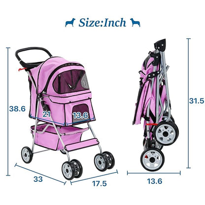 HHS Pet Stroller Cat Dog Strollers for Small Medium Dogs Double Puppy Doggie Carrier with Storage Basket and Cup Holder Foldable Travel Jogging Cart, Pink 17.5(L)*33(W)*38.6(H) inch