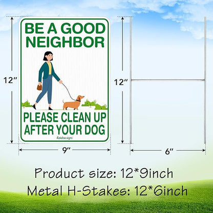 Faittoo Clean Up After Your Dog Signs, (4 Pack) 12"x9" Double Sided with Metal H-Stake No Poop Signs for Lawn, No Pooping Dog Signs for Yard Waterproof, Weather Resistant, Easy to Mount
