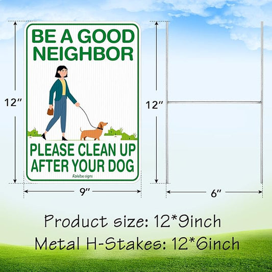 Faittoo Clean Up After Your Dog Signs, (4 Pack) 12"x9" Double Sided with Metal H-Stake No Poop Signs for Lawn, No Pooping Dog Signs for Yard Waterproof, Weather Resistant, Easy to Mount