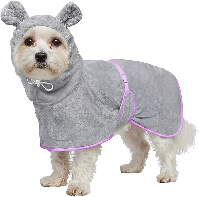 Dog Bathrobe Super Absorbent Towel Robe - Microfiber Bath Towels Fast Drying Coat for Dogs, Cute Dogs Clothes Adjustable Collar & Belly Strap Warm Keeping Hooded Dog Towel (Grey, Large)