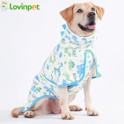 LovinPet 3‑in‑1 Dog Warm Winter Coat & Bathrobe, Hooded Dinosaur Fleece, Lightweight High‑Loft, Absorbent Knit, Quiet Hook‑and‑Loop, Wind‑Blocking Edges, Dog Robes for Medium & Large Dogs, White,M