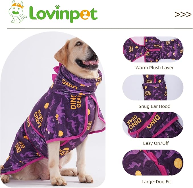LovinPet 3‑in‑1 Dog Warm Winter Coat & Bathrobe, Hooded Dinosaur Fleece, Lightweight High‑Loft, Absorbent Knit, Quiet Hook‑and‑Loop, Wind‑Blocking Edges, Dog Robes for Medium & Large Dogs, Purple,L